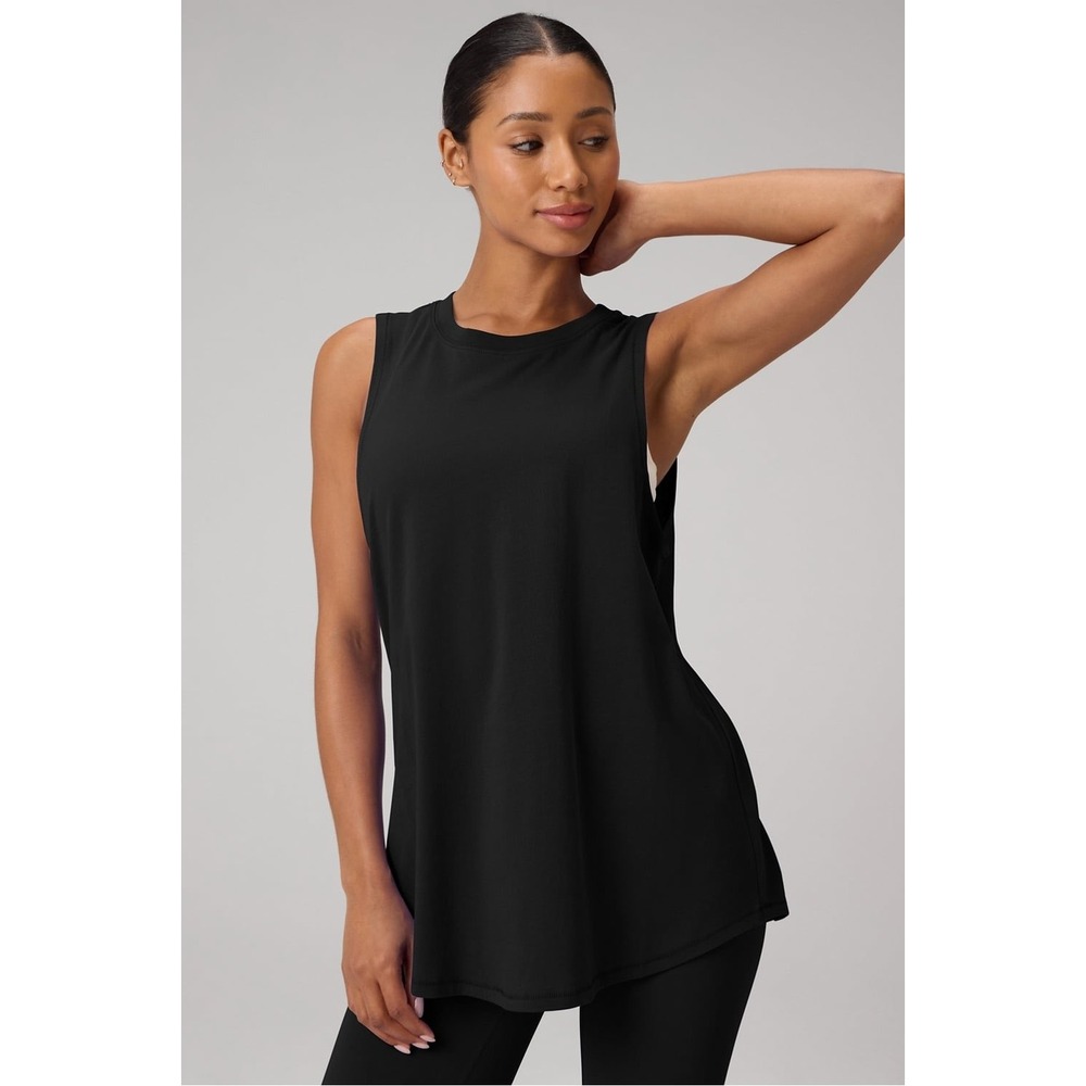 Fabletics‎ Tank Top Women XS Black EUC Asymmetrical Hem Side Slit Activewear